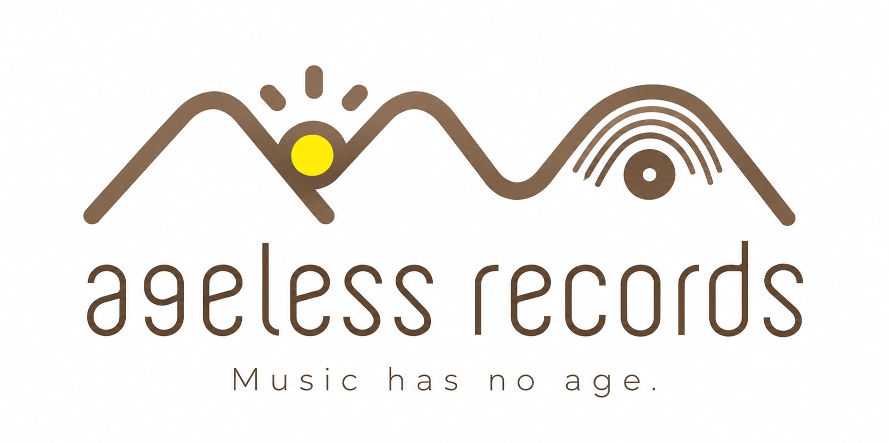 Ageless Records — Music has no age. 山と太陽とレコードを組み合わせたロゴ